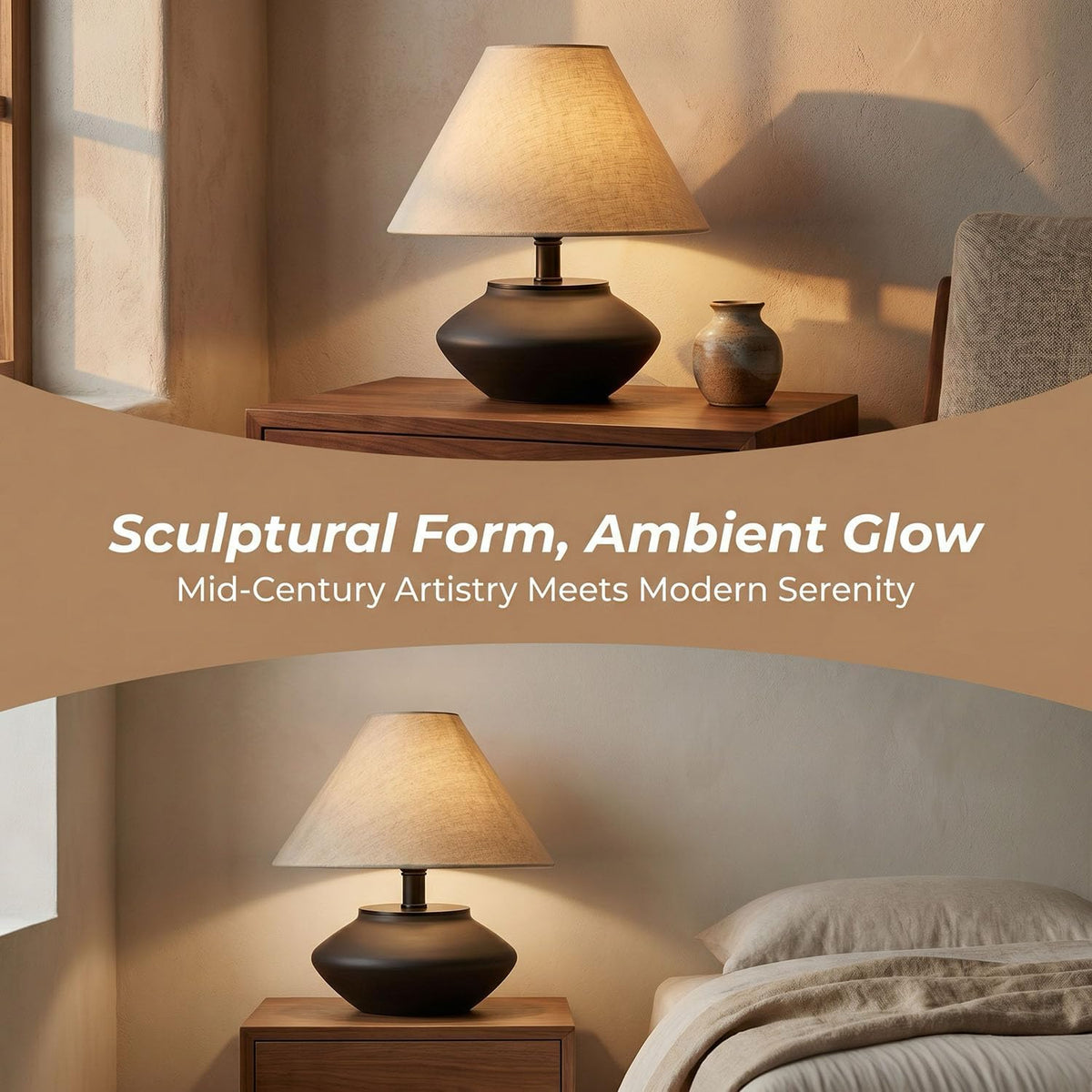 iHavora Farmhouse Ceramic Table Lamp – Black Base, Linen Shade