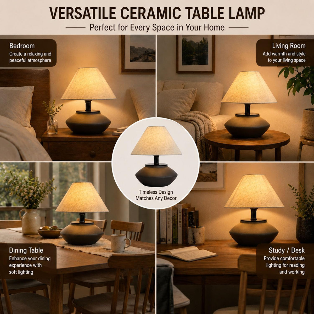 iHavora Farmhouse Ceramic Table Lamp – Black Base, Linen Shade