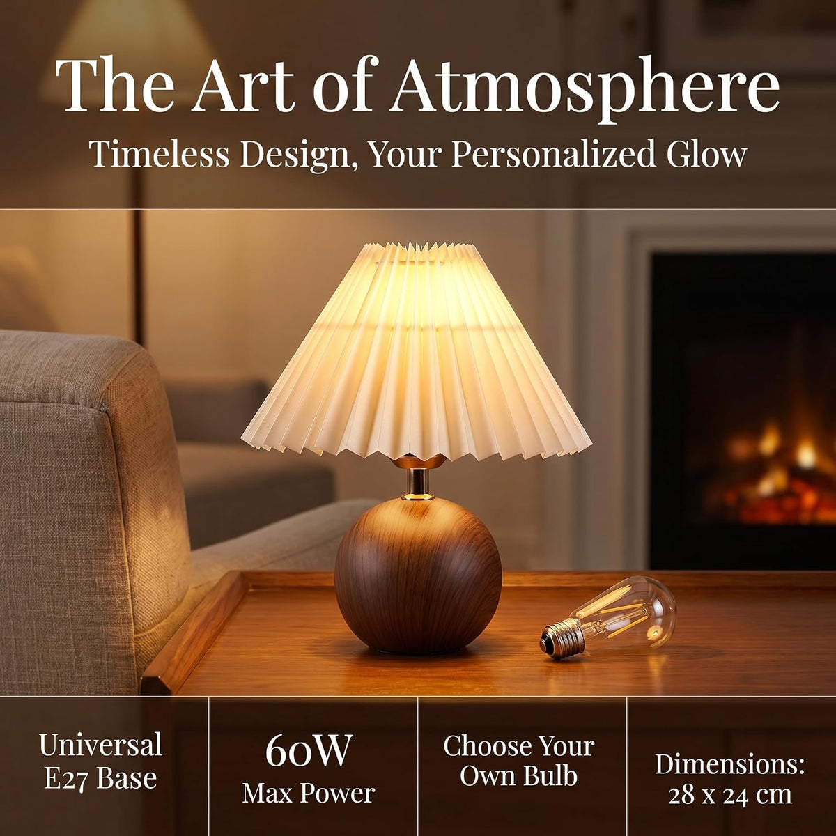 iHavora Ceramic Globe Table Lamp – Walnut Base, Beige Shade