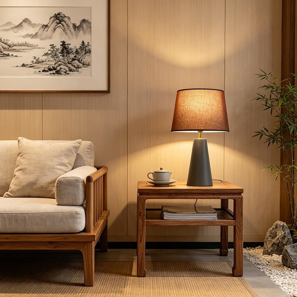 iHavora Modern Bedside Table Lamp – Linen Shade, Black Metal Base