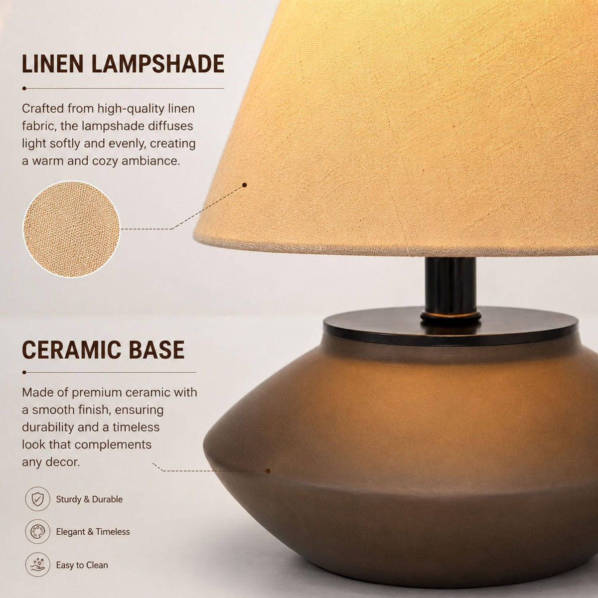 iHavora Farmhouse Ceramic Table Lamp – Black Base, Linen Shade