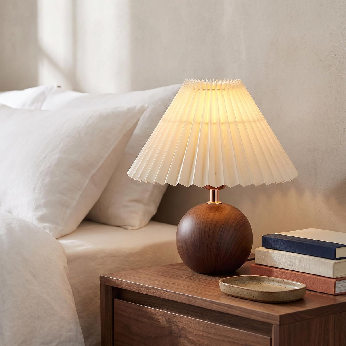 iHavora Ceramic Globe Table Lamp – Walnut Base, Beige Shade