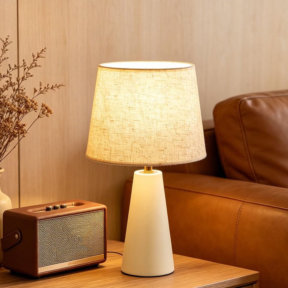 iHavora Modern Bedside Table Lamp – Linen Shade, Black Metal Base