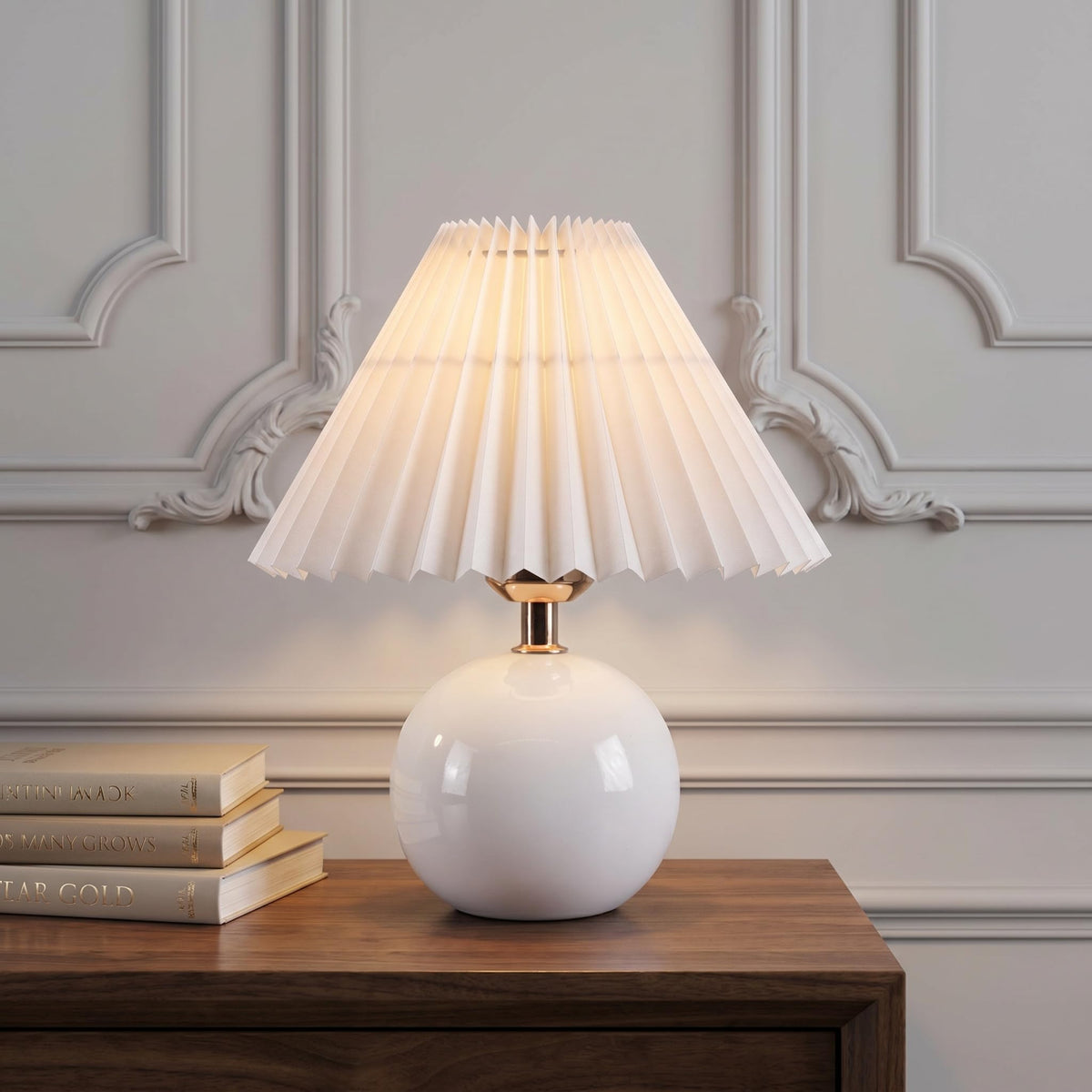 iHavora Ceramic Globe Table Lamp – Walnut Base, Beige Shade