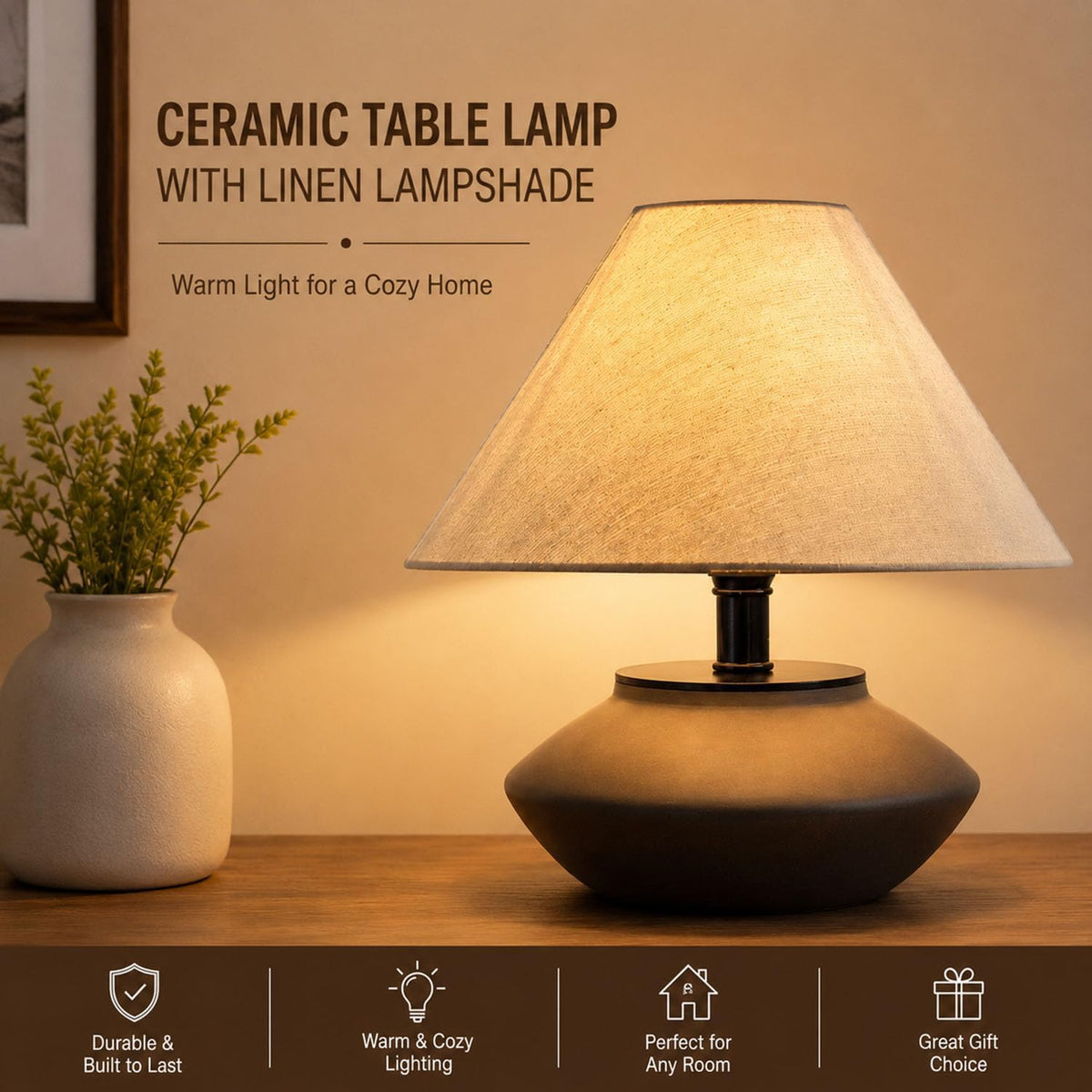 iHavora Farmhouse Ceramic Table Lamp – Black Base, Linen Shade