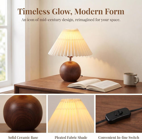 iHavora Ceramic Globe Table Lamp – Walnut Base, Beige Shade